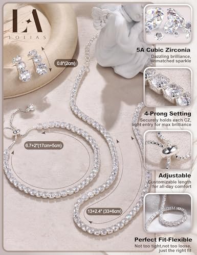 LOLIAS Silver Jewelry Set for Women Tennis Necklace Bracelet Hypoallergenic | Wedding Jewelry Sets for Brides Bridemaid,Costume Party Prom Accessories,Chockers Necklace CZ Tennis Bracelet Earrings Studs - style: Tennis Necklaces Bracelet+Graduated Drop Ea