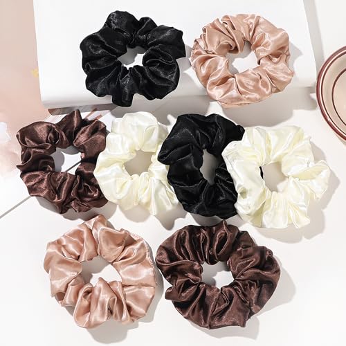 16 Pcs Satin Hair Ties and Holders for Women - Big Scrunchies for Thick, Curly Hair, Ponytail Holders, Cute Pony Tails, No Crease or Damage - color: Brown Serice