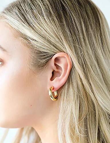 sovesi Chunky Hoop Earrings for Women, 14K Gold Plated Thick Hoops | 5mm Thick Hollow Tube Chunky Lightweight Hypoallergenic Hoop Earrings for Women - style: Gold and Rose Gold 25MM