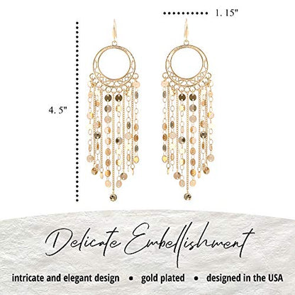 Bohemian Boho Tassel Dangle Drop Earrings for Women – Lightweight Filigree Gypsy Coin Chandelier Disc Charm Hoops – included Gift Box - style: Round - Gold