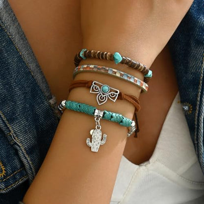 LOTSOF Western Turquoise Beaded Bracelet, Chic Stack Beaded Western Style for Country Concerts, Cowgirl Outfits & Boho Jewelry - color: Cactus 4-piece set