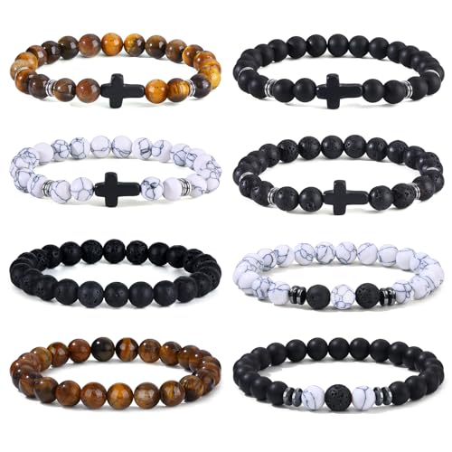 Giovanchi 4-12PCS Bracelets for Men, 8MM Mens Bracelets Lava Rock Black Obsidian Howlite Tiger Eye Beaded Natural Stone Bracelet Jewelry Gifts for Birthday Christmas - style: 8Pcs E