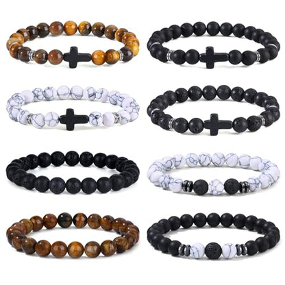 Giovanchi 4-12PCS Bracelets for Men, 8MM Mens Bracelets Lava Rock Black Obsidian Howlite Tiger Eye Beaded Natural Stone Bracelet Jewelry Gifts for Birthday Christmas - style: 8Pcs E