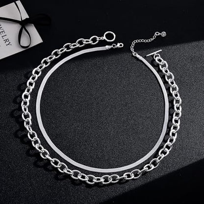CHESKY 14K Gold Plated Chunky Necklace for Women, Trendy Toggle Clasp | Statement Pendant Necklace, Layered Paperclip Chain, Toggle Clasp Design, Thick Gold Chain, Non Tarnish Everyday Jewelry - color: silver, style: paperclip+herringbone