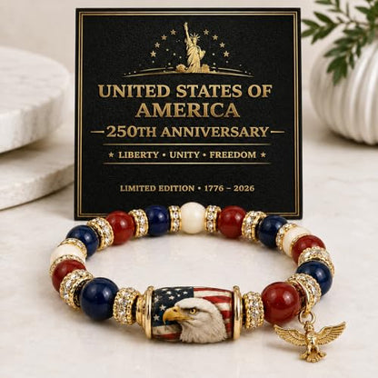 Patriotic Beaded Stretch Bracelet Red White Blue 1776-2026 USA | 250th Anniversary, 4th of July, American Eagle Flag, Women's Jewelry, Independence Day