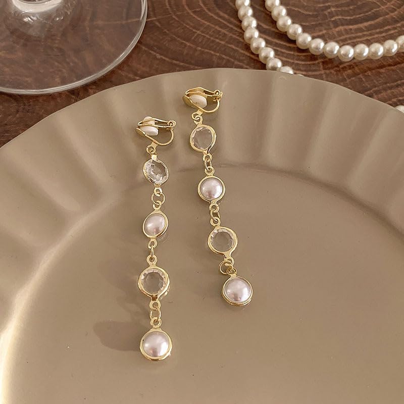 18K Gold Plated Clip On Pearl and CZ Crystal Dangle Earrings for Women, Long Drop Earrings with Round Faux Pearl and Clear Faceted Stone Links, Non Pierced Lightweight Statement Jewelry