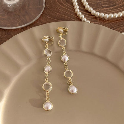 18K Gold Plated Clip On Pearl and CZ Crystal Dangle Earrings for Women, Long Drop Earrings with Round Faux Pearl and Clear Faceted Stone Links, Non Pierced Lightweight Statement Jewelry
