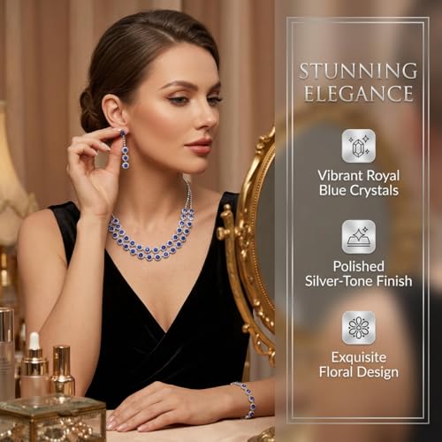 Rhinestone Bridal Wedding Jewelry Set，Crystal Necklace Earrings Bracelet Sets Formal Costume Jewelry for Women and Brides - color: BLUE
