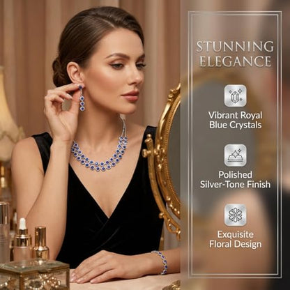 Rhinestone Bridal Wedding Jewelry Set，Crystal Necklace Earrings Bracelet Sets Formal Costume Jewelry for Women and Brides - color: BLUE