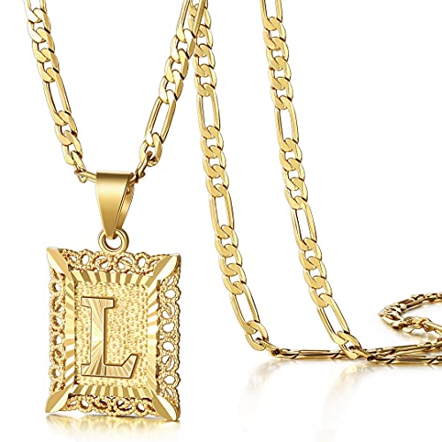 KissYan Initial Letter Pendant Necklace for Men Women, 14K Gold Plated Square Capital Monogram Necklace Alphabets from A-Z Figaro Chain Jewelry | 14K Gold Filled/White Gold Plated, Square Letter Capital Monogram Pendant with 20''+2'' Figaro Chain, Alphabe