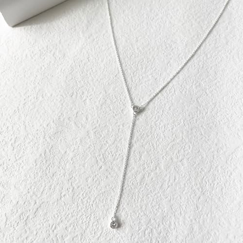 HERIER Lariat Gold Necklace for Women, Dainty Long Necklace 14k Gold Plated/Silver Y-Shaped Layered Beaded Chain Drop Necklaces for Women Trendy Simple Gold Jewelry for Women Gifts - color: Y-CZ-Silver