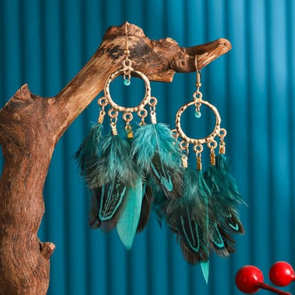 Feather Earrings for Women Boho Jewelry Peacock Feather Long Brown Light weight Western Earrings - color: A2:blue feather earrings