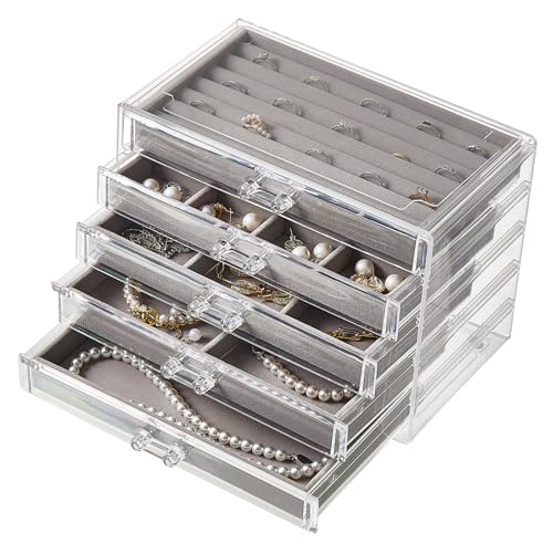 Acrylic Jewelry Box with 5 Drawers, Clear Earring Holder Organizer Rings Display Case with Adjustable Velvet Trays for Women Girls, Grey - color: Grey