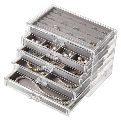 Acrylic Jewelry Box with 5 Drawers, Clear Earring Holder Organizer Rings Display Case with Adjustable Velvet Trays for Women Girls, Grey - color: Grey