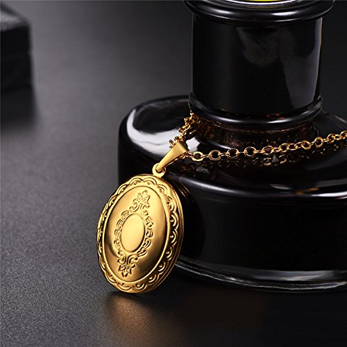 U7 Custom Photo Locket Necklace - Oval & Heart Shaped Locket - Gold/Silver/Rose Gold Personalized Image Necklaces for Women - color: 01-Oval Gold, style: b. locket+text