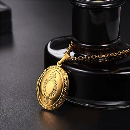 U7 Custom Photo Locket Necklace - Oval & Heart Shaped Locket - Gold/Silver/Rose Gold Personalized Image Necklaces for Women - color: 01-Oval Gold, style: b. locket+text