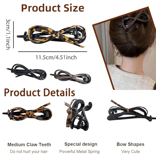 6 Pcs Bow Hair Clips, Retro Acrylic Soft Leather Bowknot Twisted Flat Claw, Ponytail Holder Barrettes, Flat Claw Clips for Women Thick Hair, Non-Slip Strong Holder Accessories