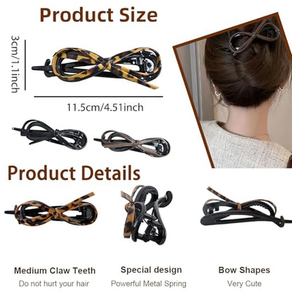 6 Pcs Bow Hair Clips, Retro Acrylic Soft Leather Bowknot Twisted Flat Claw, Ponytail Holder Barrettes, Flat Claw Clips for Women Thick Hair, Non-Slip Strong Holder Accessories