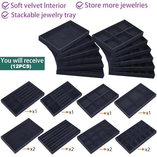 12 Pcs Velvet Jewelry Tray Stackable Jewellery Organier Trays Earrings Necklace Rings Storage Box Jewelry Drawer Display Case for Bracelet Earring Watch Accessories with Removable Dividers, Black