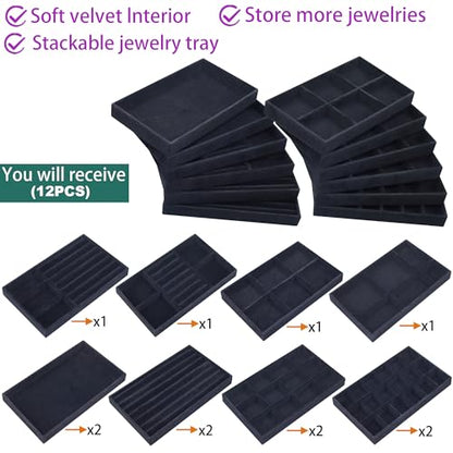 12 Pcs Velvet Jewelry Tray Stackable Jewellery Organier Trays Earrings Necklace Rings Storage Box Jewelry Drawer Display Case for Bracelet Earring Watch Accessories with Removable Dividers, Black