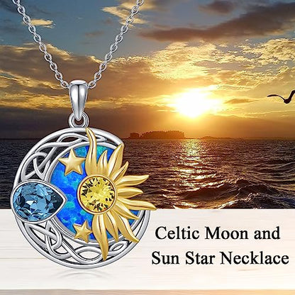 AOBOCO 925 Sterling Silver Moon Sun Star Necklace Celtic Jewelry for Women Girls - color: Silver&Gold&Blue Opal