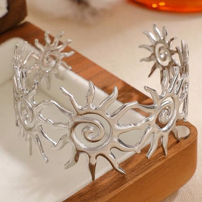 Chunky Gold Sun Cuff Bracelet for Women – Boho Spiral Sun Statement Jewelry, Stainless Steel Adjustable Wide Metal Bangle for Holiday Fashion - color: Silver