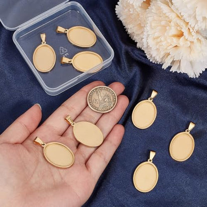 1 Box 10Pcs Oval Cabochon Blanks Gold Pendant Trays 304 Stainless Steel 18 x 25mm Photo Cameo Resin Blank Cabochons Bezel Base Settings for Jewelry Making Earrings Bracelet Necklace DIY Craft - style: gold oval