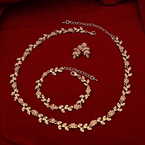 Austrian Crystal Rhinestone Choker Necklace Dangle Earring Link Bracelet Jewelry Set for Brides Bridesmaid Prom Costume Accessories for Women - color: En001-Champagne-Gold Plated