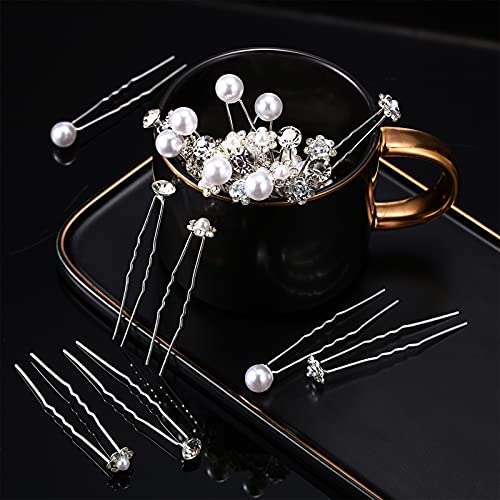 MTLEE 40 Pcs Rhinestone Hair Pins for Women Silver Flower Pearl | Hair Pins Decorative U Shape Diamond Wedding Hairs Accessories for Prom Brides Bridesmaids Women