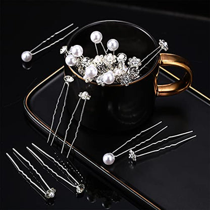 MTLEE 40 Pcs Rhinestone Hair Pins for Women Silver Flower Pearl | Hair Pins Decorative U Shape Diamond Wedding Hairs Accessories for Prom Brides Bridesmaids Women