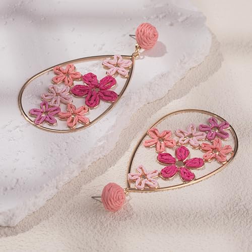 Boho Raffia Flower Teardrop Earrings Cute Colorful Dangle Trendy Jewelry | Floral Drop Statement Big Dangling Earring Hypoallergenic Gold Fun Unique Summer Spring Beach Vacation Outfits for Women - color: Pink