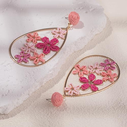 Boho Raffia Flower Teardrop Earrings Cute Colorful Dangle Trendy Jewelry | Floral Drop Statement Big Dangling Earring Hypoallergenic Gold Fun Unique Summer Spring Beach Vacation Outfits for Women - color: Pink