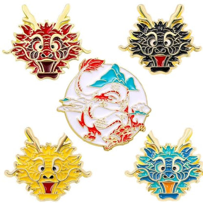 4pcs Chinese Dragon Enamel Lapel Pin Set, Dragon ChineseZodiac Style Traditional Design Red Yellow Pink Blue Green - color: GOLD