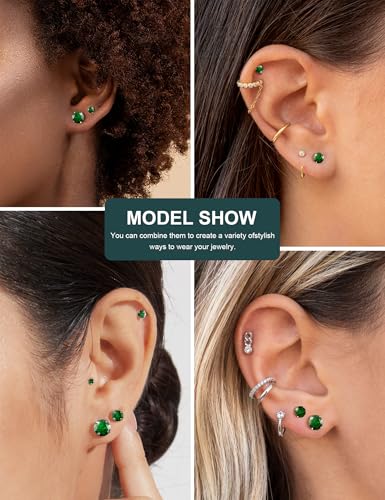 6 Pairs Stud Earrings Set, Hypoallergenic Cubic Zirconia 316L Earrings Stainless Steel CZ Earrings 3-8mm (Steel color) - color: A-014-Green