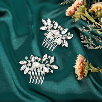 2 Pcs Crystal Bride Wedding Hair Comb, Silver Rhinestone Silver Bridal Side Comb Bridal Hairpieces Bridesmaid Clips Accessories, Silve-Bridal-Headpiece Wedding Hair Piece for Women and Girls