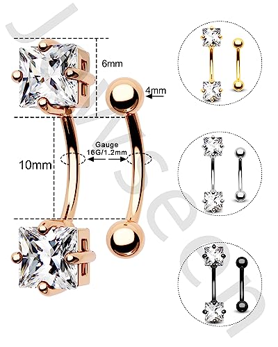2pcs 16g Small Size Belly Button Rings Pack Surgical Steel Square AAA CZ Curved Barbell Navel Rings New - color: gold