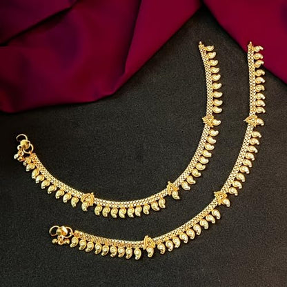 Efulgenz Indian Anklets for Women with Layered Chain Antique Gold Tone Boho Gothic Vintage Rhinestone Ankle Bracelet Pair Anklet Set with Faux Pearl Charms Payal Beach Barefoot Feet Jewelry for Women,