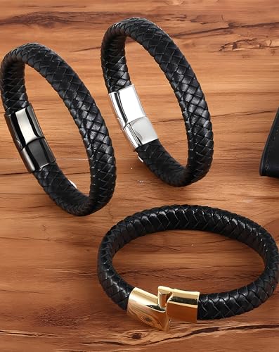 Leather Bracelet for Men, Braided Mens Cuff Bracelets with Stainless Steel Clasp Stacked Multi Style Color Anniversary Father's Day Birthday Christmas Jewelry Gifts for Him - color: Black Clasp & Brown Leather