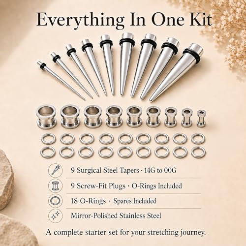 BodyJ4You 36PC Ear Stretching Kit - Complete Beginner Set 14G-00G | Gauges for Ears Stainless Steel Tapers Single Flare Plugs Tunnels - Dead Stretching Lobe Men Women Expander - color: Silvertone, Screw Fit
