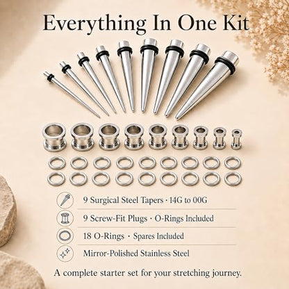 BodyJ4You 36PC Ear Stretching Kit - Complete Beginner Set 14G-00G | Gauges for Ears Stainless Steel Tapers Single Flare Plugs Tunnels - Dead Stretching Lobe Men Women Expander - color: Silvertone, Screw Fit