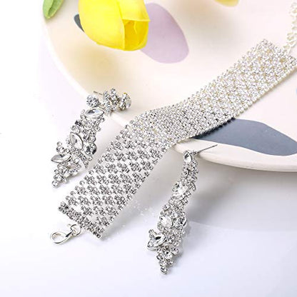 JOERICA Bridal Wedding Crystal Bracelet and Earrings Jewelry Set Rhinestone Dangle Earrings Adjustable Bracelet Bangle for Women Bridesmaid Jewelry Set