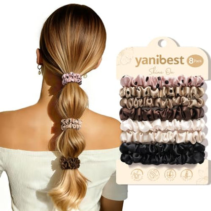 Yanibest 8 Pcs Satin Hair Ties - Thin Hair Scrunchies for Women & Girls | Silk Feeling Soft Hair Ties No Damage Frizz Free, Ponytail Holders Gentle on Hair for Fine to Medium Hair - color: Polka Dot