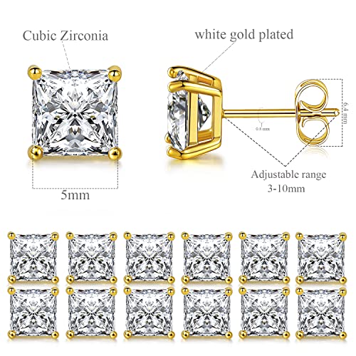 Stud Earring Set for Women Men 18K Yellow/White Gold Plated Princess Cut 4 Prong Graduated Square Clear Cubic Zirconia Pakc of 6 Pairs 3-7mm - color: Yellow gold-5mm-6 pairs