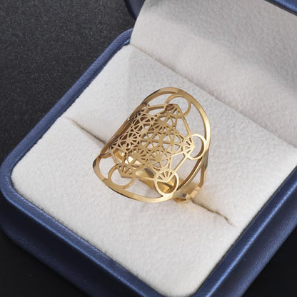 Metatron's Cube Ring Angel Seal Archangel Metatron Cube Protection Statement Hollowed Out Womens Stainless Steel Open Band Ring Jewelry - color: Gold