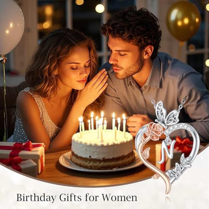 TOUPOP Gifts for Women Her 925 Sterling Silver Rose Heart Initial Necklace Butterfly Heart Jewelry Anniversary Birthday Gifts for Wife Girlfriend Mom - color: N Initial