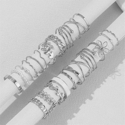 HUASAI Gold Stackable Rings Set for Women Boho Dainty Moon Star Pearl Leaf Cubic Zirconia Heart Midi Pinky Trendy Jewelry Birthday Gifts - color: M Silver Pearl 21 Pcs