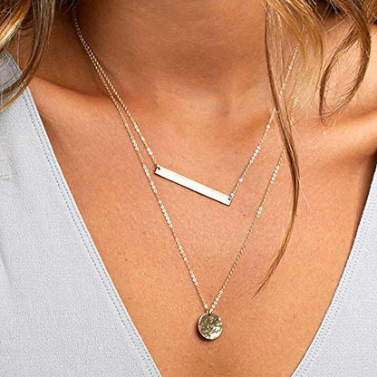 Turandoss Dainty Layered Choker Necklace, Handmade Y Pendant Necklace Multilayer Bar Disc Necklace Adjustable Layering Choker Necklaces for Women - style: 3PCS - Amethyst&Bar&Hammered Disc