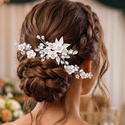Unsutuo Bridal Flower Hair Pins Crystal Pearl Headpieces Silver Rhinestone Hair Accessories for Women and Girls(Pack of 3) (Silver)