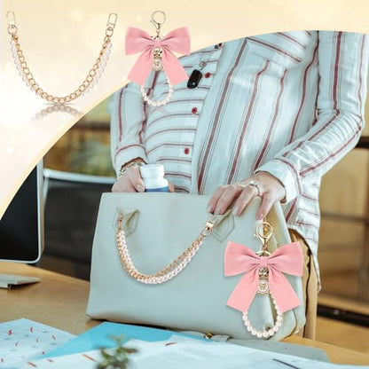 Sureio 5 Pcs Bag Extender Chain Pearl Purse Chain Ribbon Bow Keychain Extender Bag Strap Purse Charms Accessories for Handbag - color: Gold and Pink