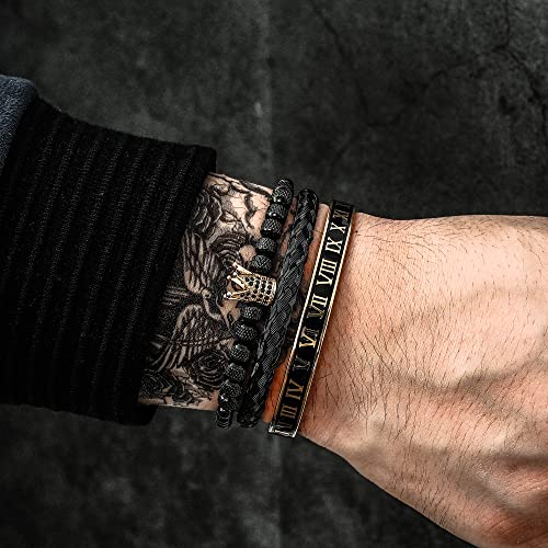 WFYOU 3PCS Stainless Steel Imperial Crown Bracelets for Men Gold Roman Numeral Bangle Bracelet Adjustable Cuff Bracelet Mens Luxury Jewelry Gifts - style: 02:Black & Gold-Roman Numeral